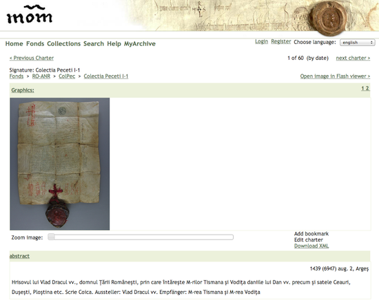 Pagina de site a Monasterium. Este înfășișat un document cu pecete - Hrisov Vlad Dracul.